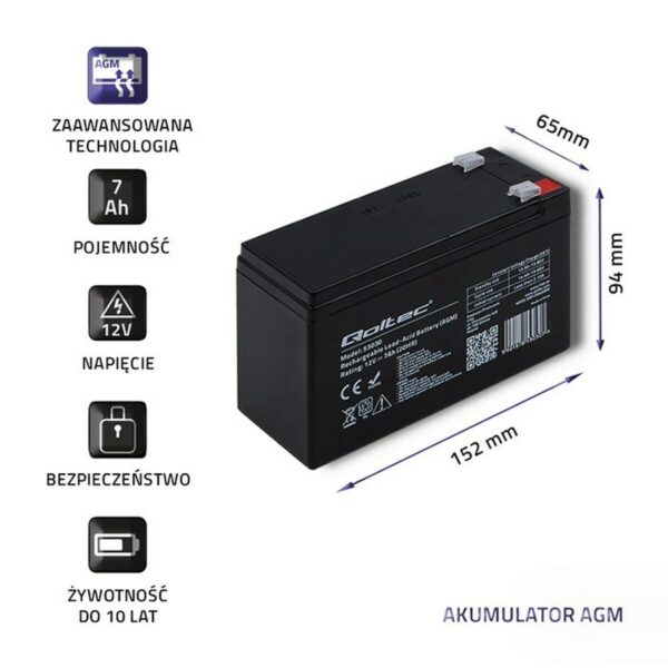 Bateria do Zasilacz awaryjny UPS Qoltec 53030 7 Ah 12 V - obrazek 4