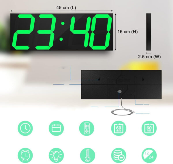 Zegar ścienny LED CHKOSDA 18" zielony wyświetlacz alarmy data temperatura - obrazek 4