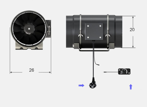 Wentylator kanałowy 200mm 939m³/h Aruobru z kontrolą temp. i wilgotności B - obrazek 7
