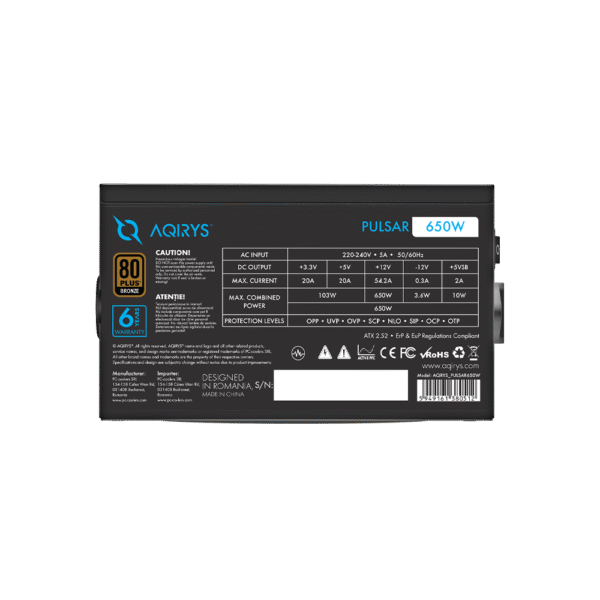 AQIRYS Zasilacz ATX / 80 Plus Bronze Certified PULSAR 650W 6YW black - obrazek 6