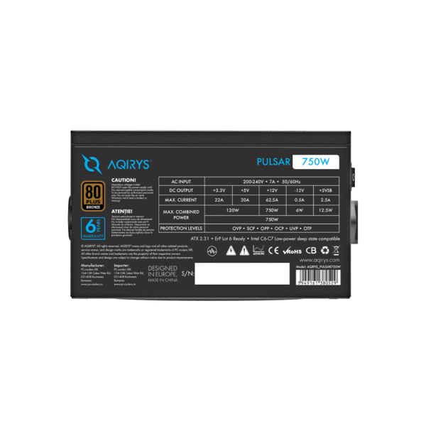 AQIRYS Zasilacz ATX / 80 Plus Bronze Certified PULSAR 750W 6YW black - obrazek 6