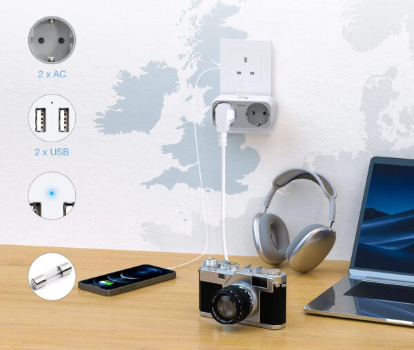 Adapter TESSAN TS-321-UK Wtyczka, 4 w 1 Wtyczka UK, z 2 gniazdami i 2 USB - obrazek 2