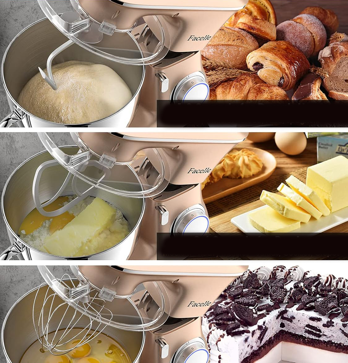 USZKODZONY Robot kuchenny Facelle SM-1554 1500W 8L champagne planetarny mikser z dużą misą i wieloma końcówkami - obrazek 5