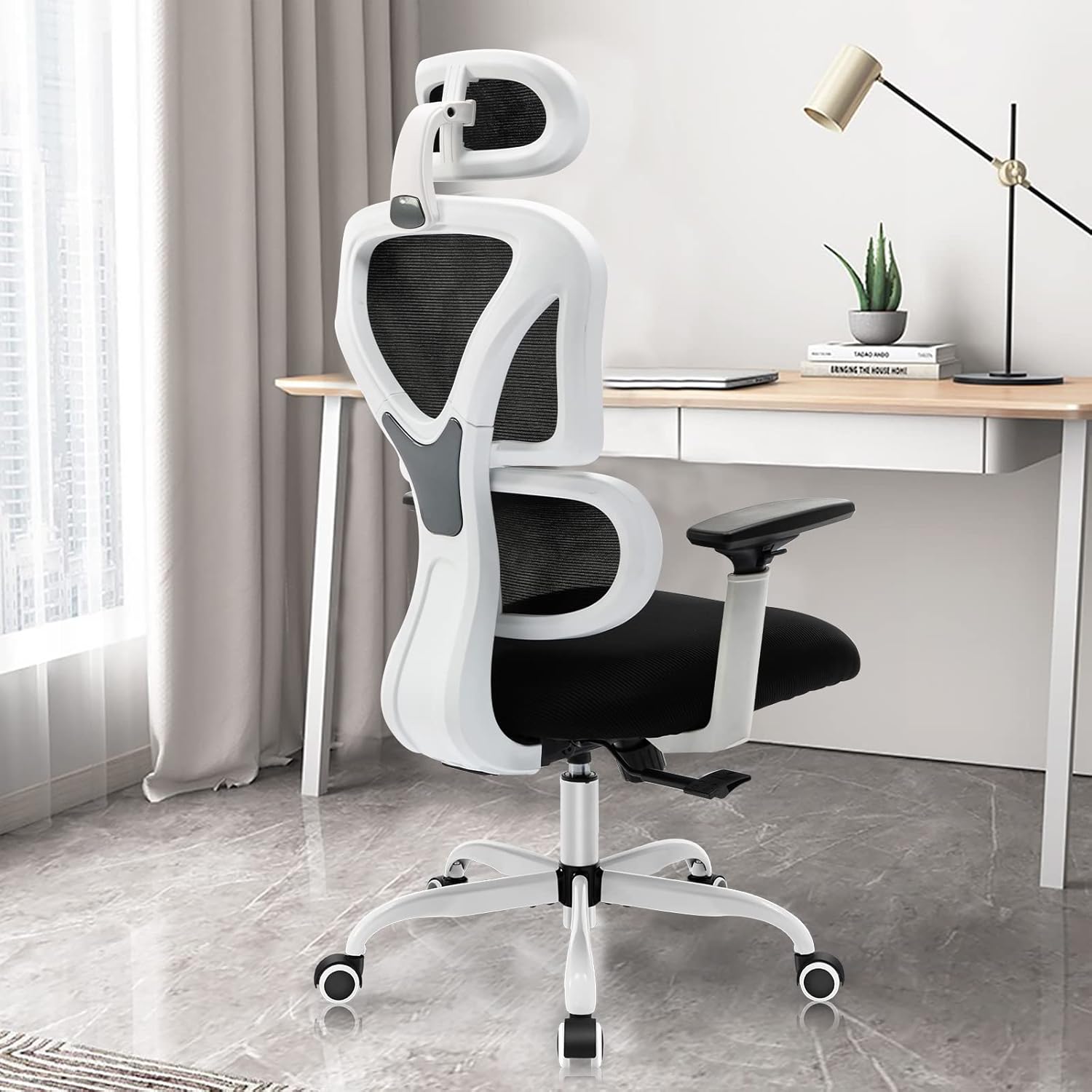 USZKODZONY NIE ZESTAW Krzesło biurowe KERDOM KD9070 białe ergonomiczne krzesło z siatki i zagłówkiem - obrazek 5