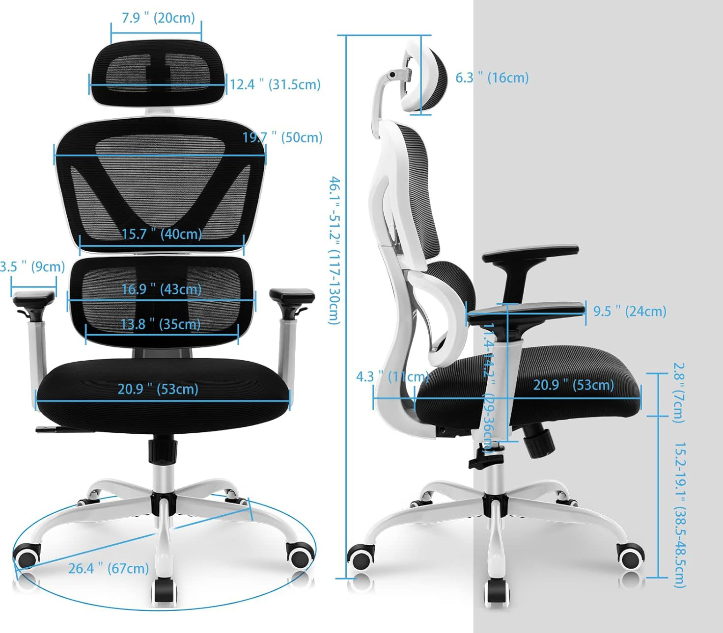 USZKODZONY NIE ZESTAW Krzesło biurowe KERDOM KD9070 białe ergonomiczne krzesło z siatki i zagłówkiem - obrazek 7