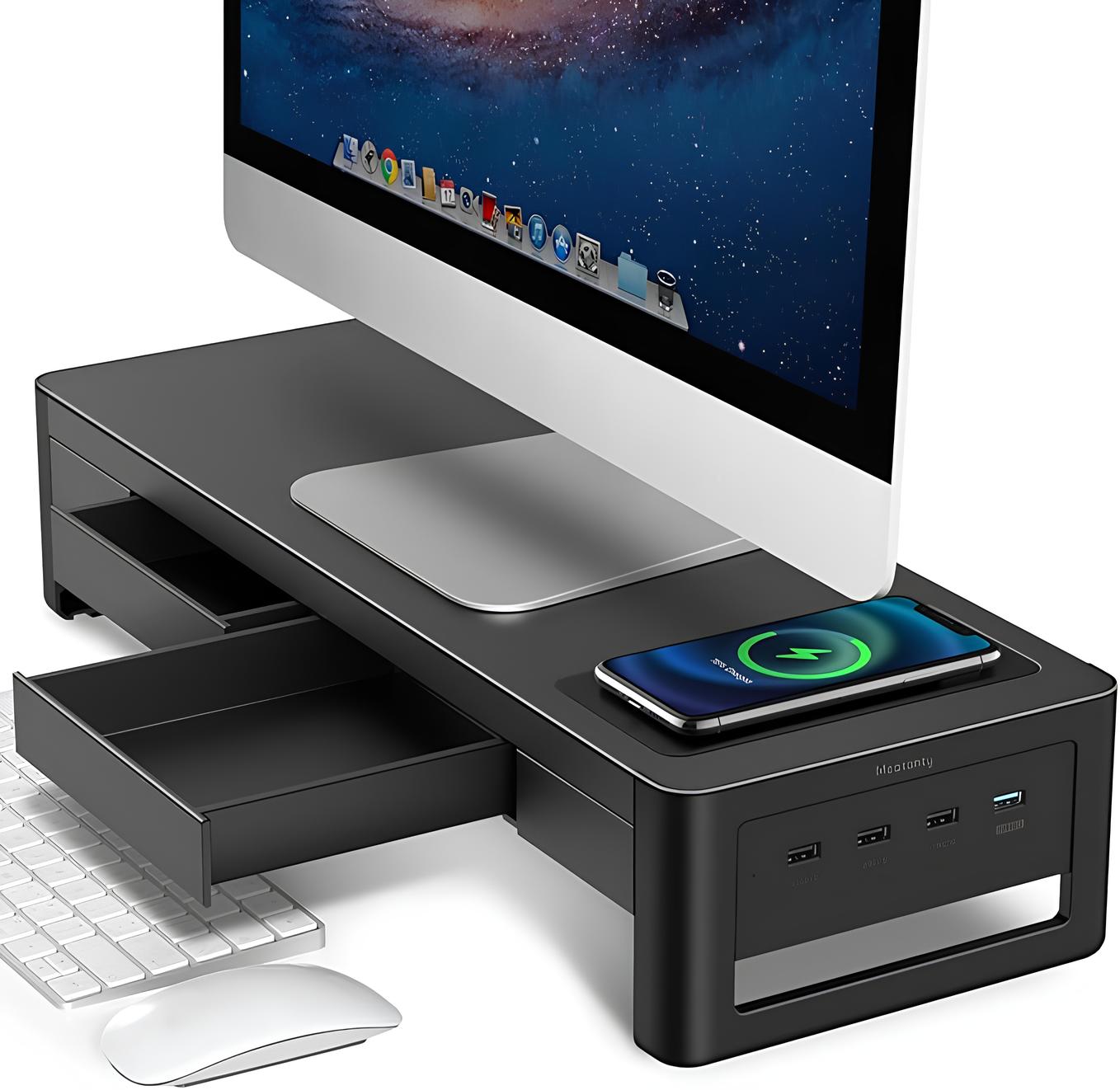Meatanty Stojak na monitor 3 w 1 z 2 szufladami organizer biurkowy z półką na monitor, klawiaturę i drobiazgi biurowe
