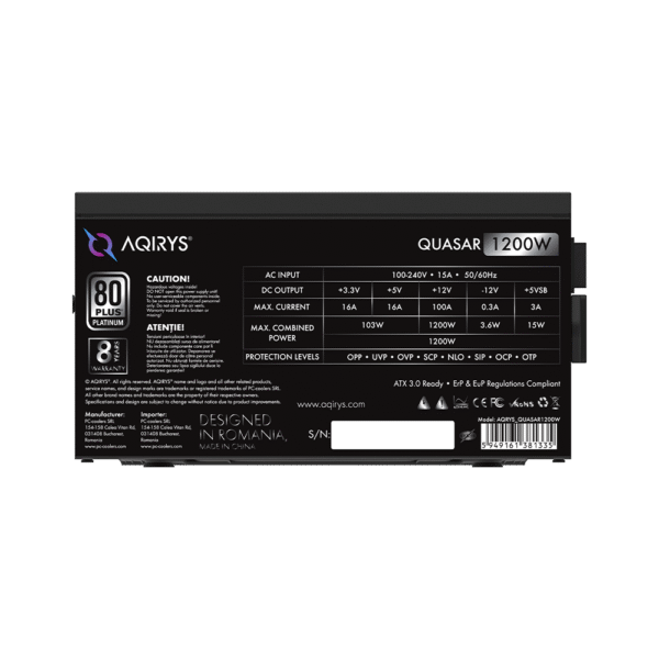 AQIRYS Zasilacz ATX / 80 Plus Platinum Certified QUASAR 1200W PCIe 5.0 8YW black - obrazek 7