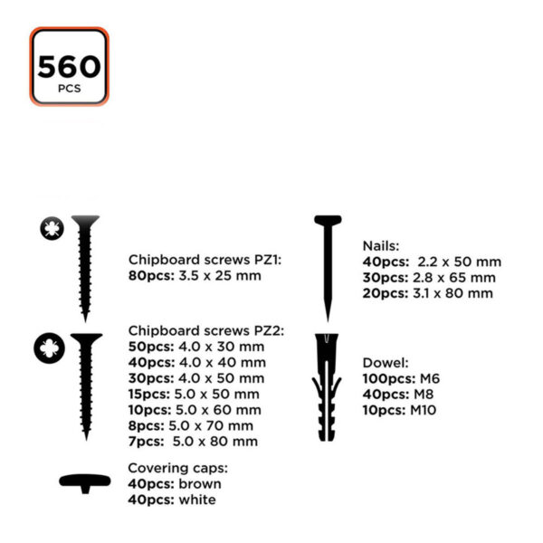 Zestaw śrub, kołków i gwoździ Black & Decker 560 Części - obrazek 3