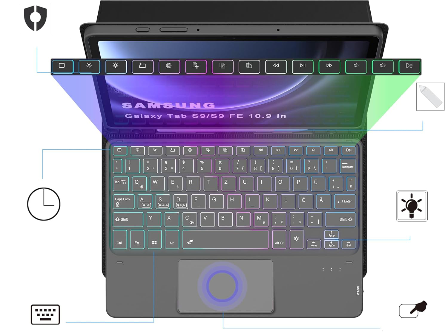 Etui z klawiaturą do Galaxy Tab S9/S9 FE 11" ROOFEI QWERTZ touchpad LED - obrazek 2