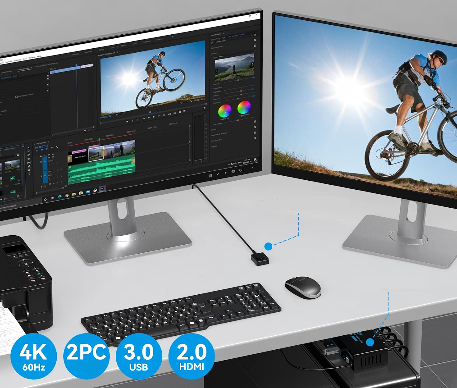 Przełącznik HDMI KVM CMSTEDCD VP-SW220 4K 60Hz 2PC 2 monitory USB 3.0, pilot - obrazek 2